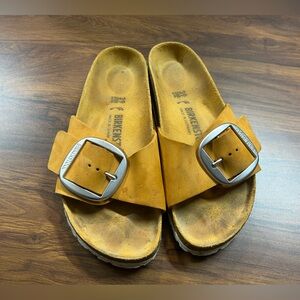 Birkenstock Suede Slide Sandals in Mustard Yellow with Silver Buckles